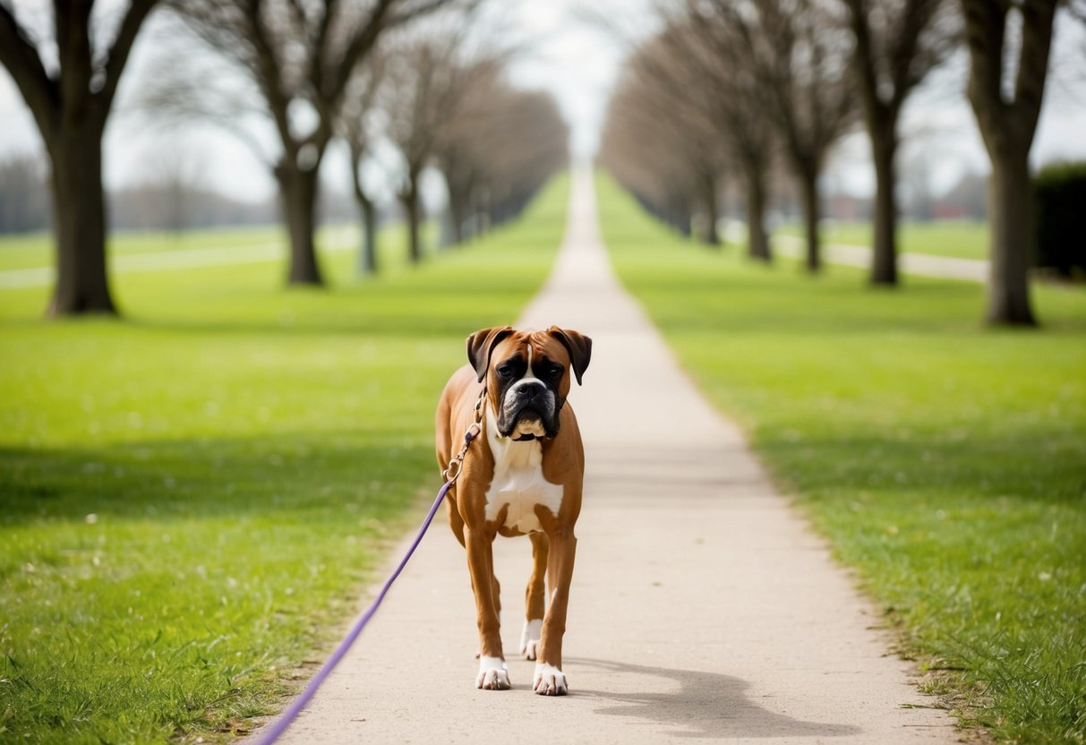 A boxer dog walks on a leash through a green park with trees and a clear path stretching into the distance