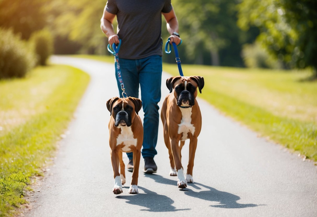 A boxer dog walks alongside its owner on a sunny path, both enjoying the exercise