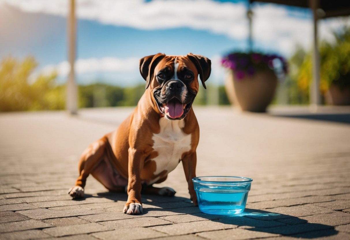 A female boxer dog panting in the shade, with a water bowl nearby, as the sun beats down on a hot summer day