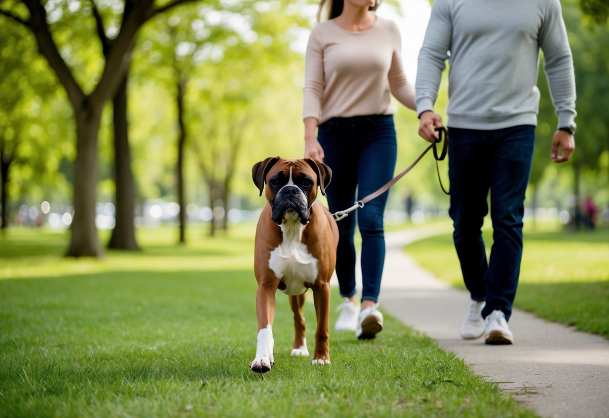 A boxer dog walking on a leash with its owner in a park, both surrounded by greenery and trees