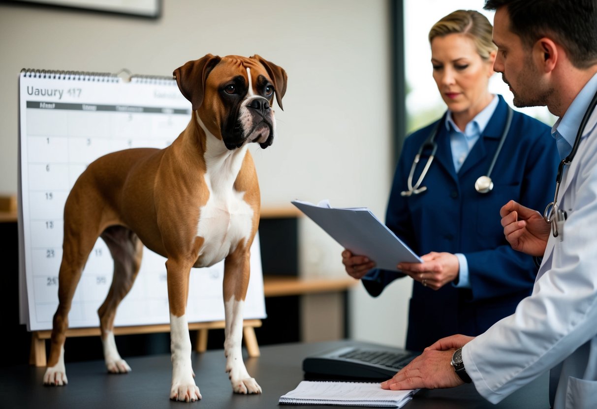 A female boxer dog standing beside a calendar, with a veterinarian discussing breeding practices