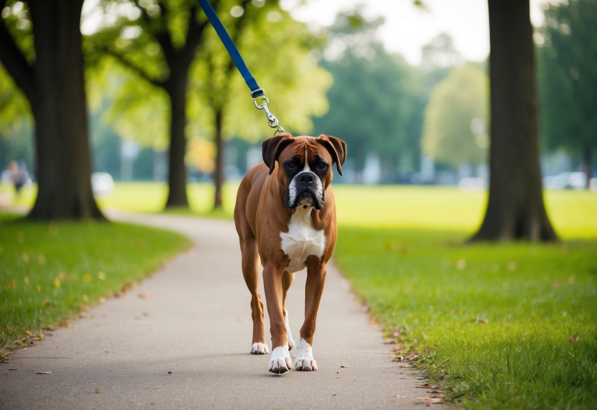 A boxer dog walks on a leash through a park, with trees and grass in the background