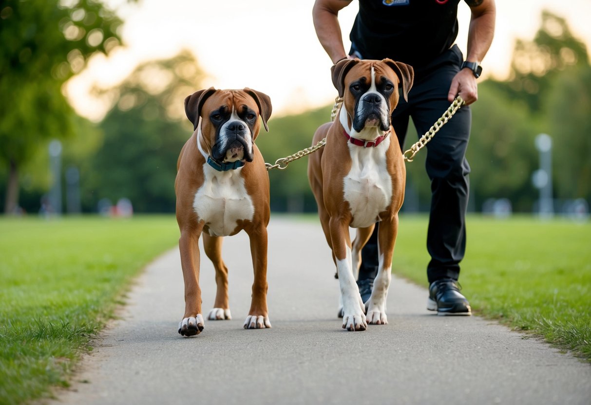 A boxer dog walks alongside a trainer in a park, both focused and determined during an effective training session
