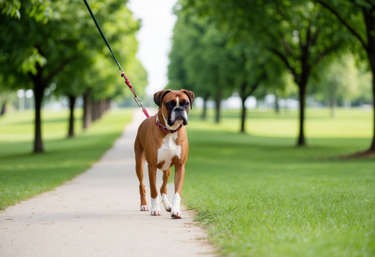 A boxer dog walks on a leash through a green park, with trees and a clear path ahead