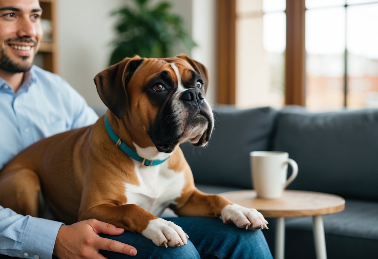 A boxer dog sits on a person's lap, looking up with a content expression