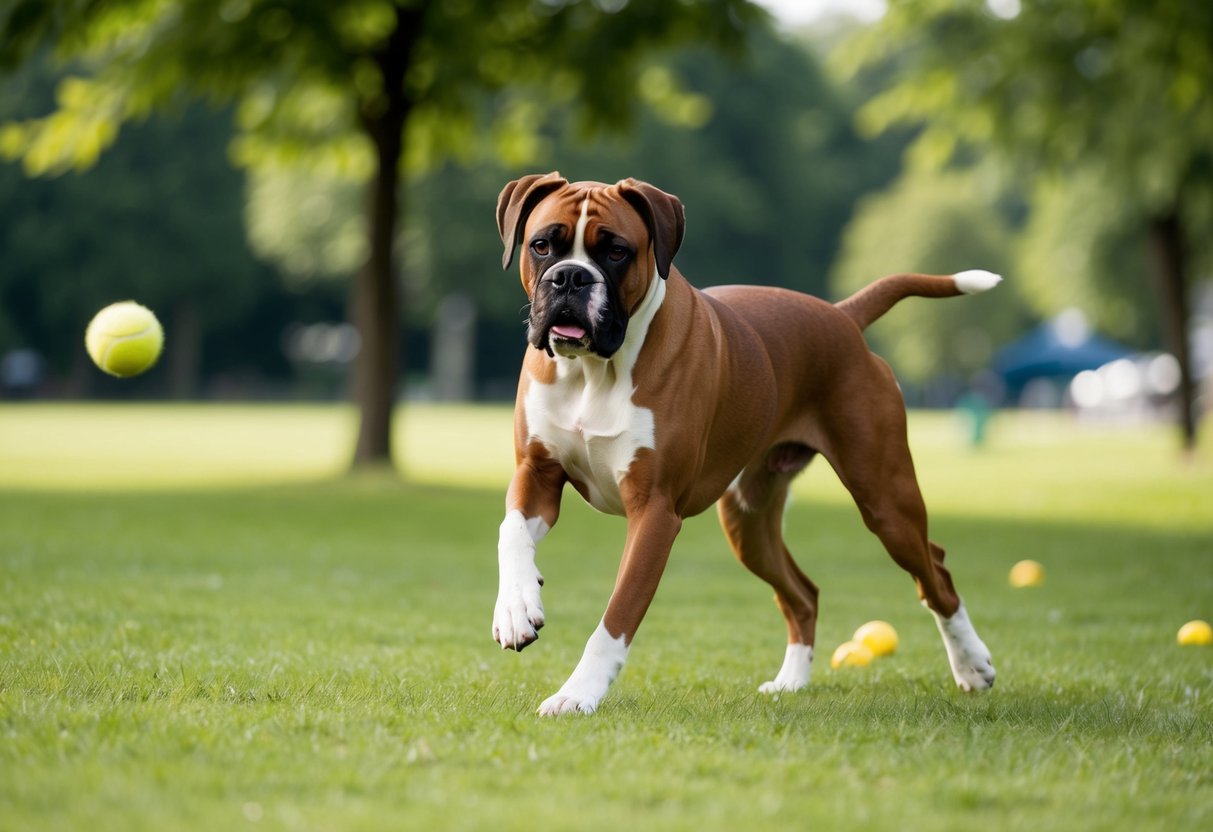 A boxer dog walking in a park, playing fetch, and running around for at least 30 minutes