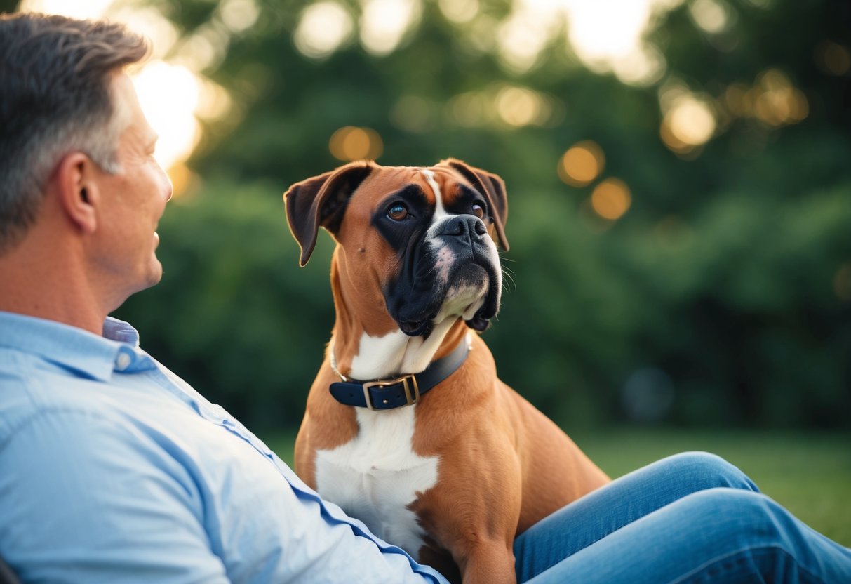 A boxer dog sitting on a person's lap, looking up expectantly