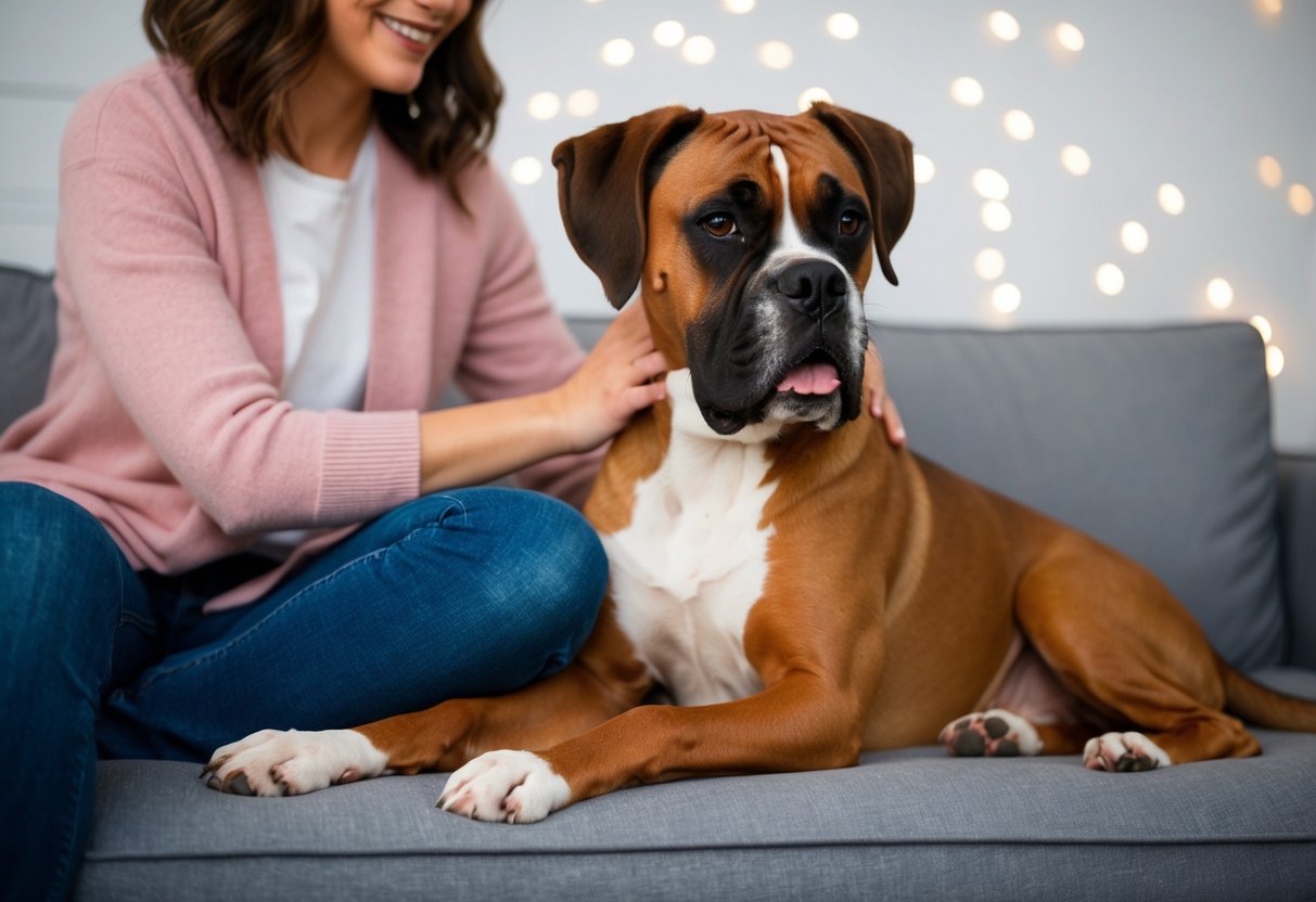 A boxer dog sits on a person's lap, leaning against them with a relaxed expression, tail wagging. The person pets the dog affectionately