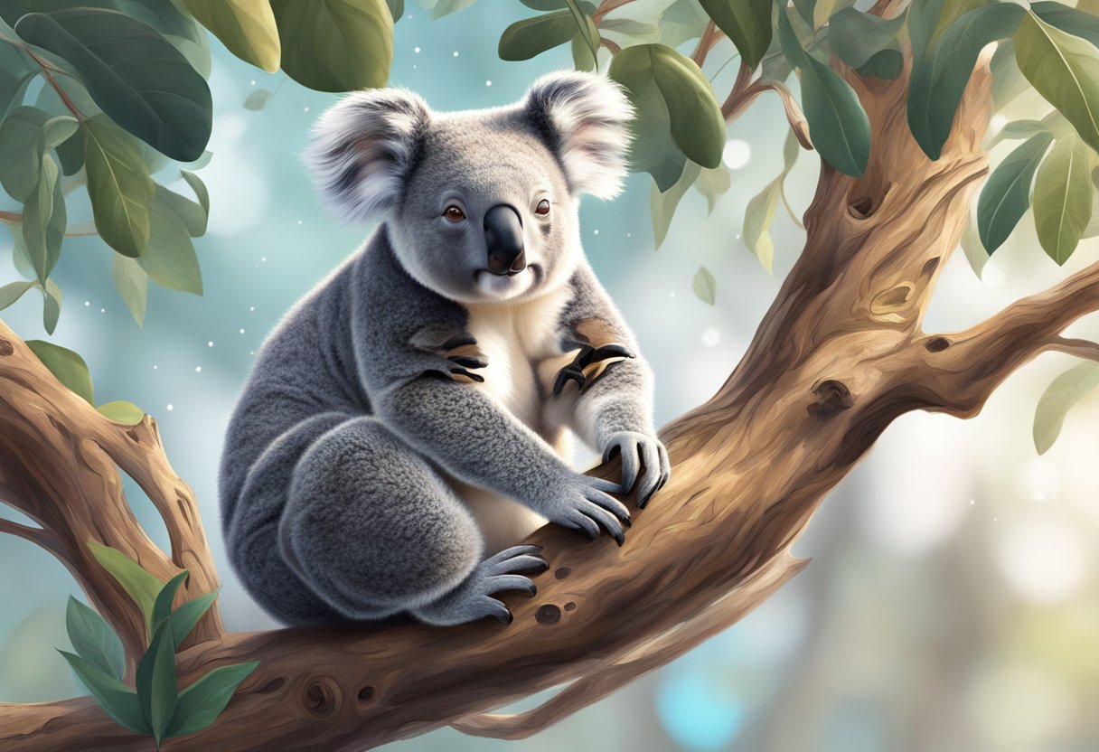 A koala sitting on a tree branch, surrounded by advanced technology and artificial intelligence symbols