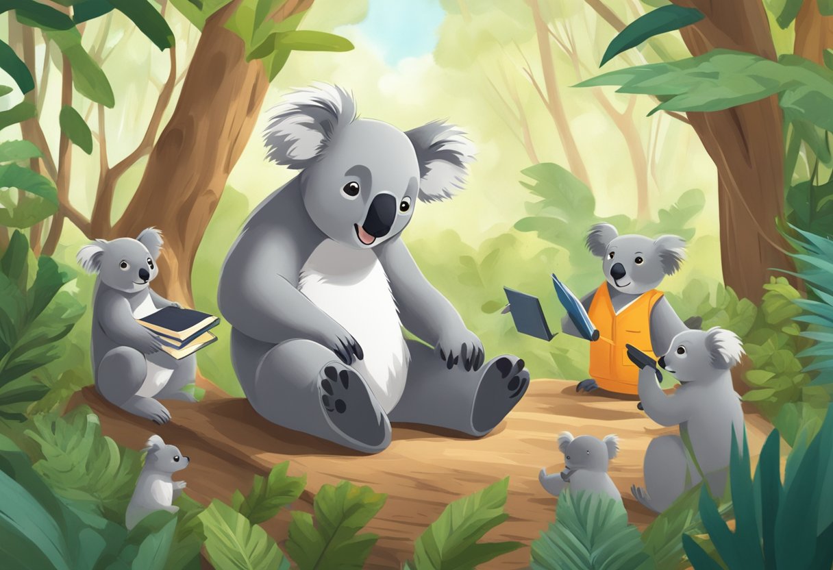 A koala AI teaching and guiding a group of animals through various learning and improvement activities in a lush, natural setting