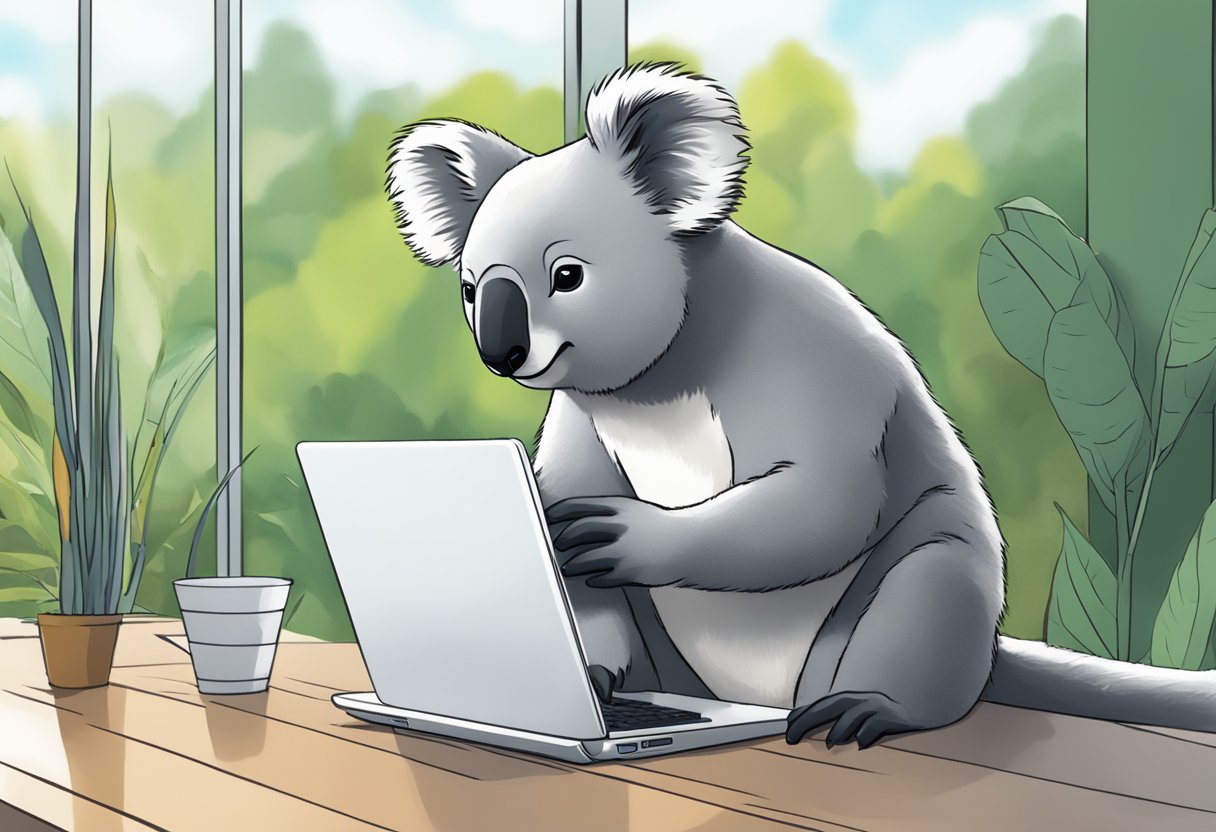 A curious koala interacts with a computer displaying Koala AI benefits