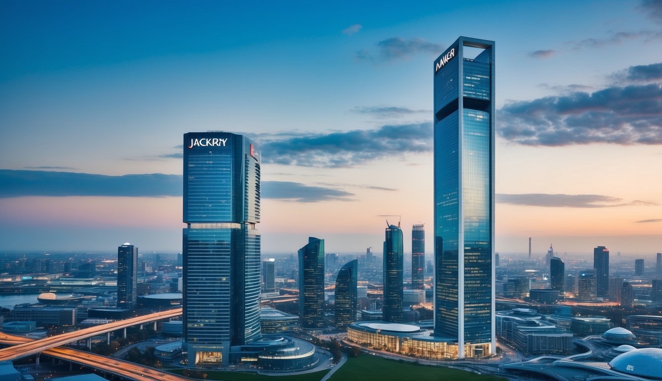 A modern city skyline with two towering buildings representing Jackery and Anker, surrounded by futuristic technology and innovation