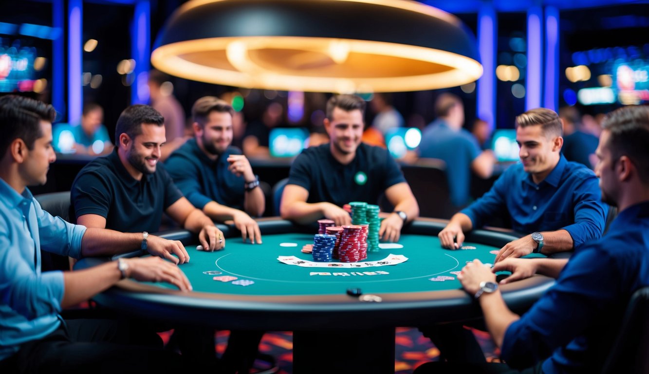 Meja poker online yang hidup dan ramai dengan pemain yang terlibat dalam permainan, dikelilingi oleh antarmuka yang ramping dan modern