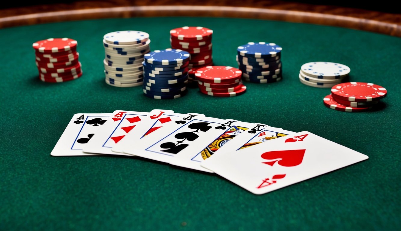 Sekelompok chip poker dan kartu bermain tersebar di atas meja felt hijau, dengan beberapa kartu terbalik.