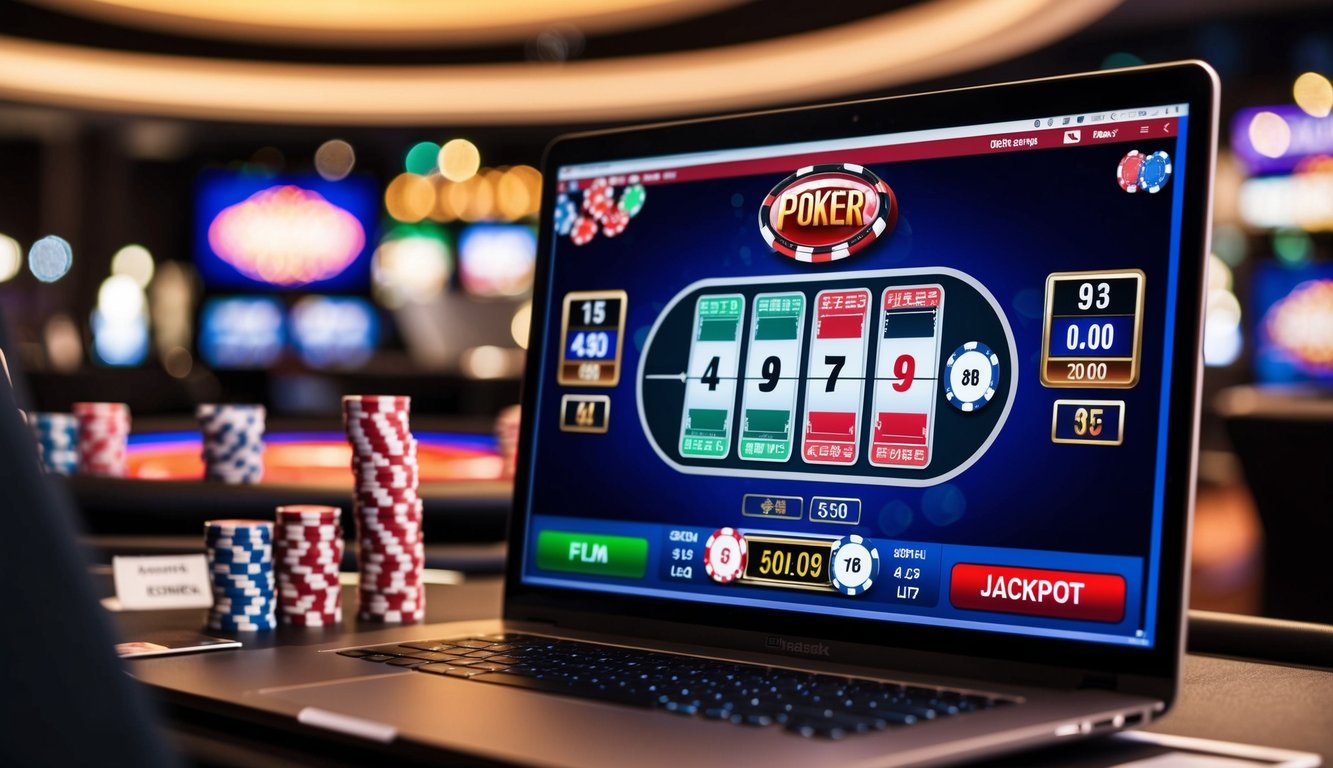 Sebuah meja poker digital dengan chip, kartu, dan meter jackpot yang ditampilkan di layar komputer