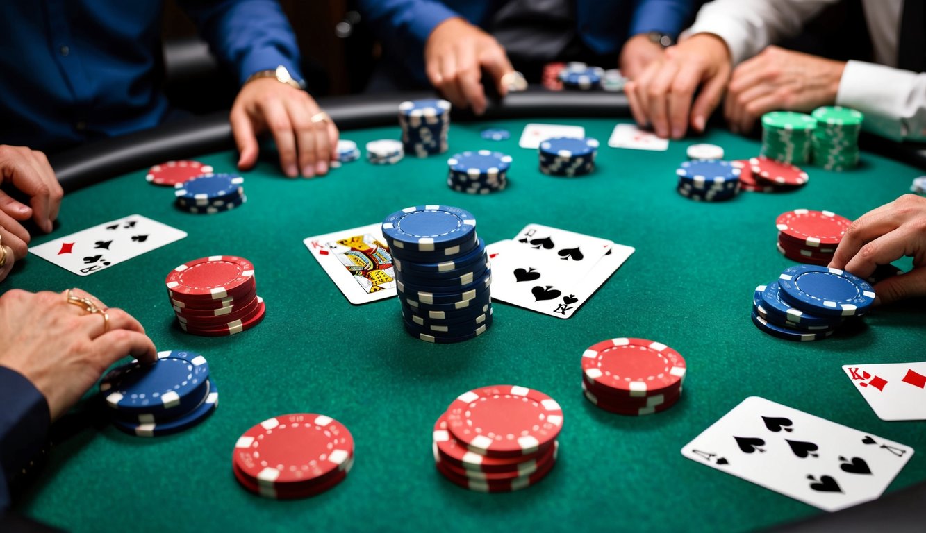 Sekelompok chip poker dan kartu remi berserakan di atas meja felt hijau, dikelilingi oleh pemain yang terlibat dalam permainan dengan taruhan tinggi