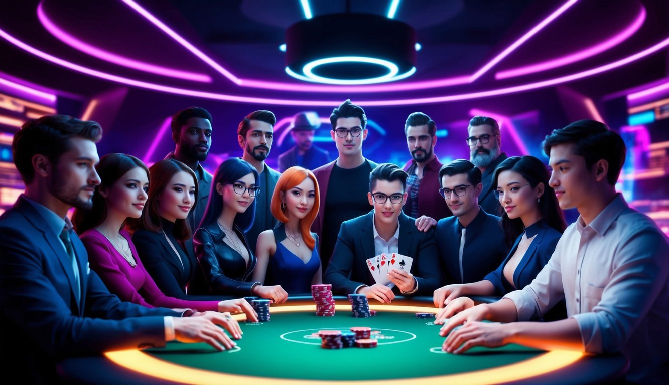 Sekelompok karakter yang beragam dan animasi bermain poker secara online di dunia virtual futuristik yang diterangi neon