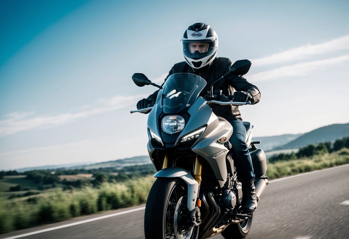 Um motociclista pilotando com confiança com um capacete de alta qualidade, cercado por paisagens cênicas e céus claros.