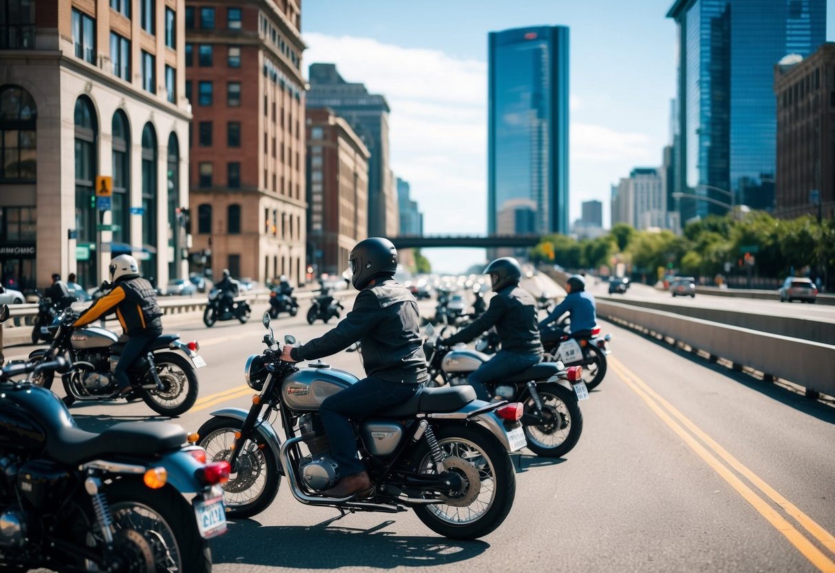 Uma rua movimentada da cidade com motocicletas estacionadas e pessoas andando, cercada por altos prédios e uma rodovia cênica ao fundo