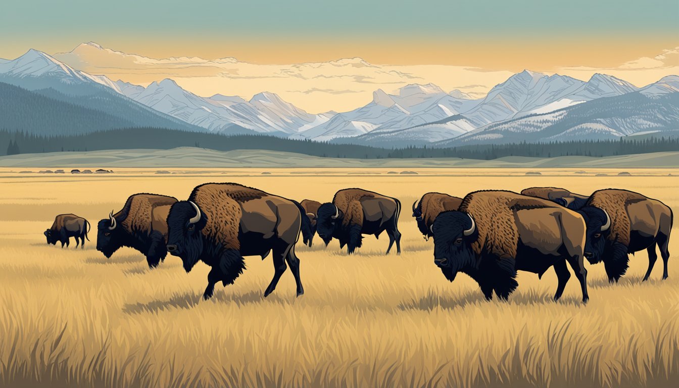 A herd of bison grazing on the open plains, with the majestic mountains of Yellowstone National Park in the background