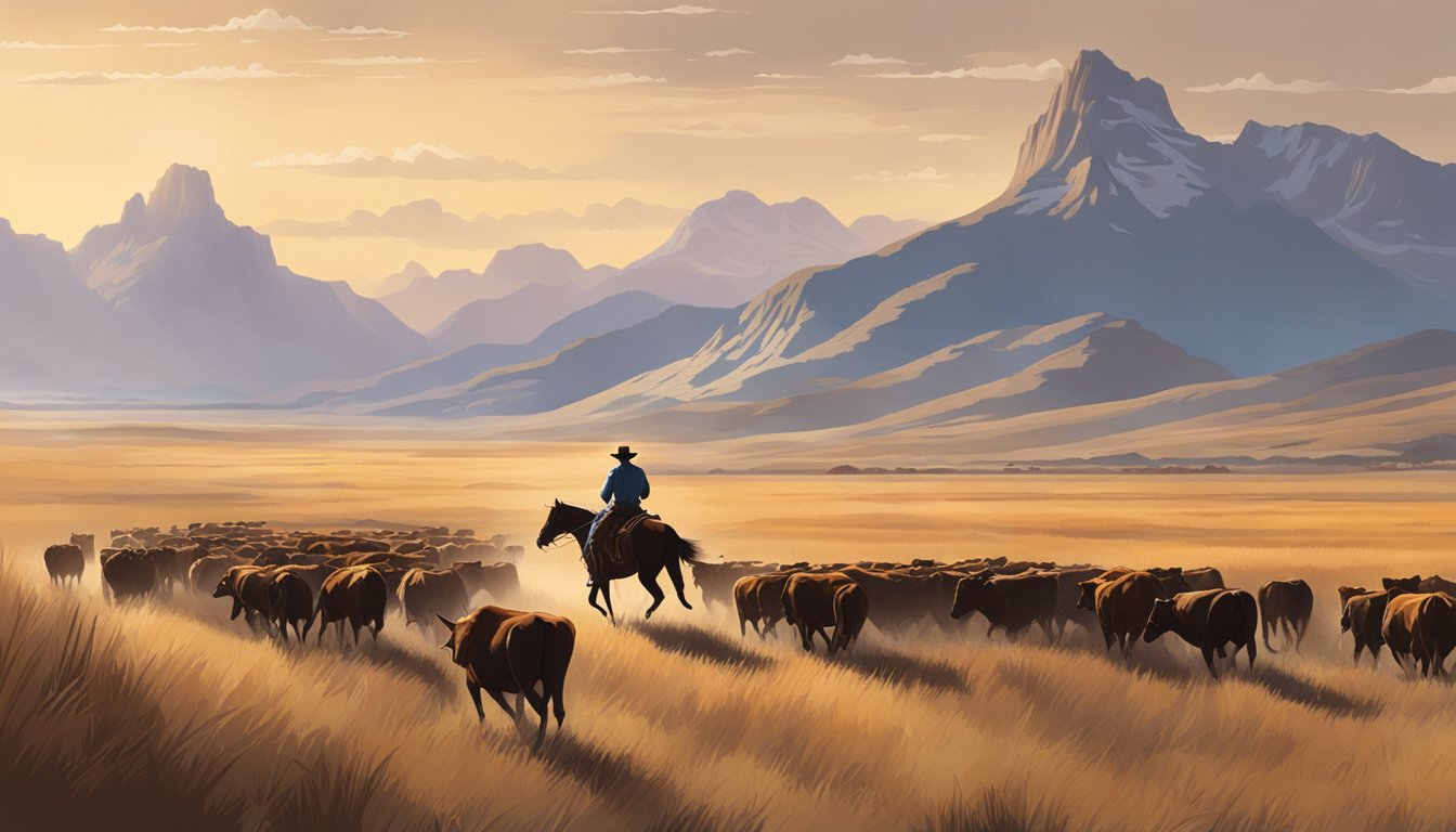 A cowboy on horseback herding cattle through a vast, open prairie with mountains in the distance