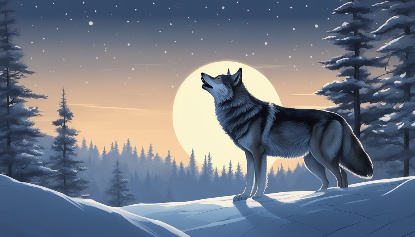 A lone wolf howls under a full moon in a snow-covered forest clearing