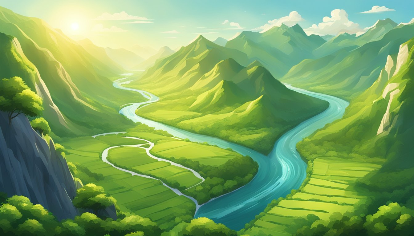 Aerial view of a lush, green valley surrounded by towering mountains with a river flowing through the middle. The sky is clear and the sun is shining, casting a warm glow over the landscape