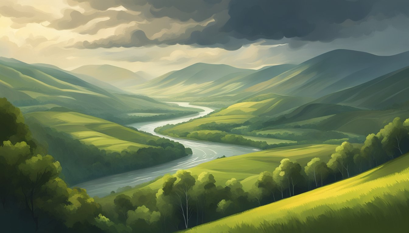 A dramatic landscape of rolling hills, lush forests, and a powerful river cutting through the valley. A storm brews on the horizon, adding tension to the scene