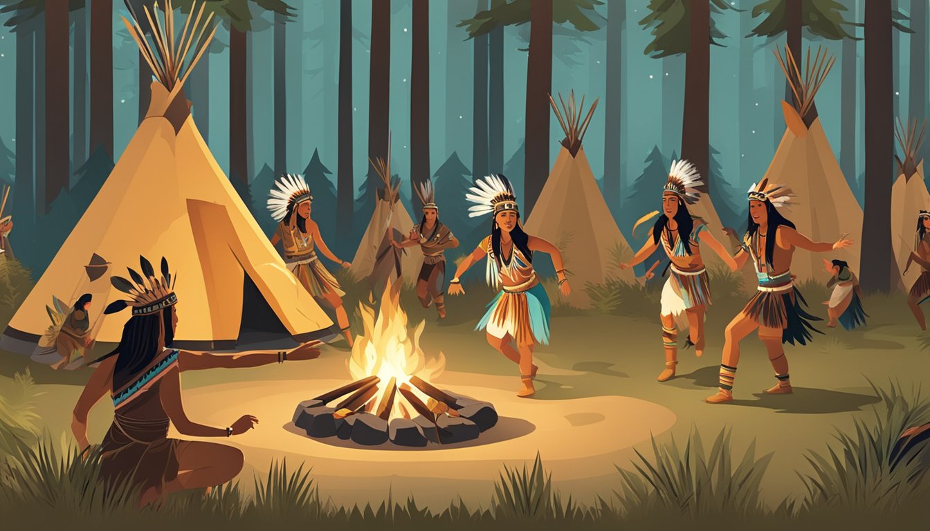 A group of Native American dancers perform a traditional dance around a campfire, surrounded by teepees and a lush forest