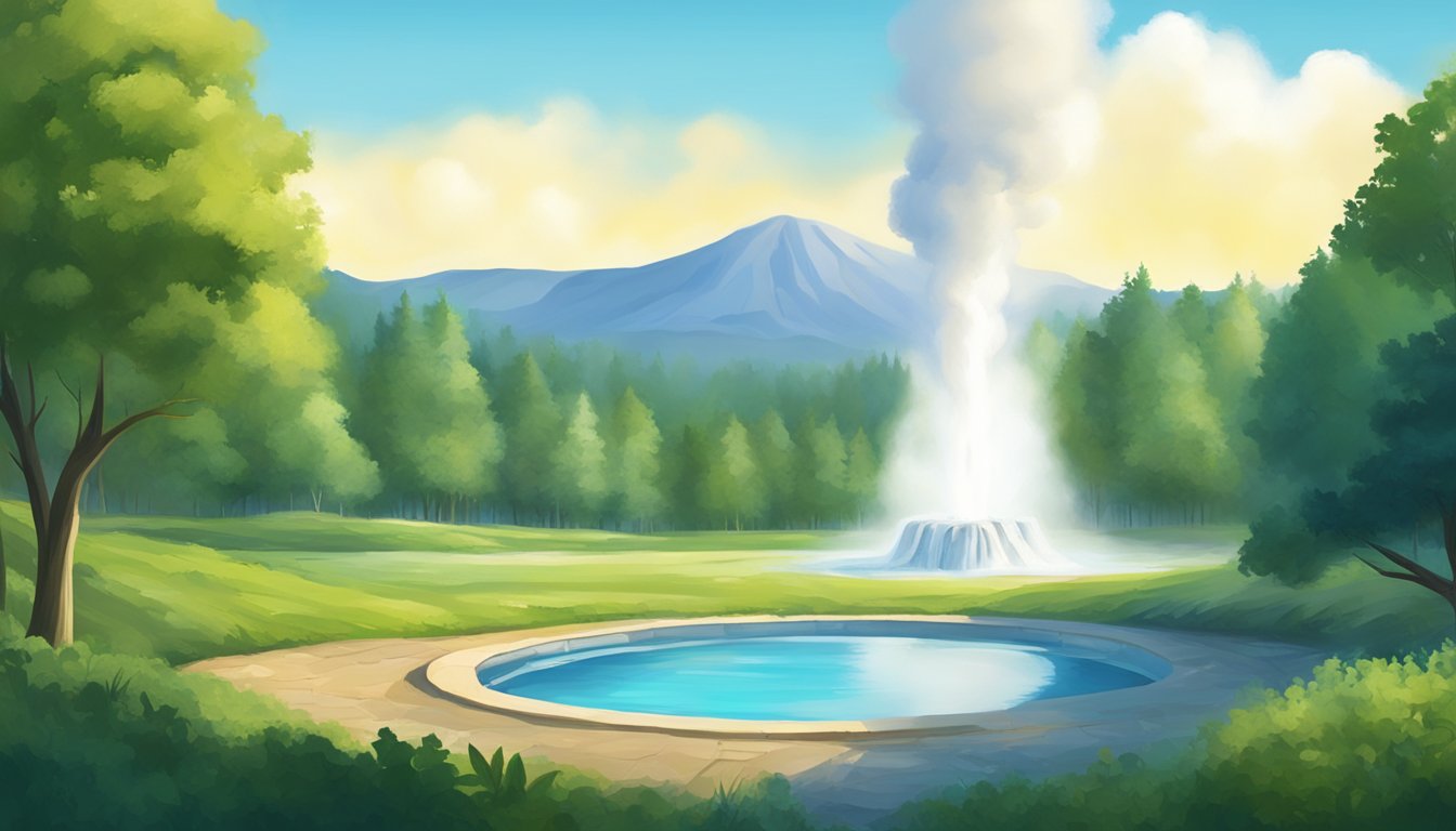 A serene landscape with a geyser erupting in the distance, surrounded by lush greenery and a clear blue sky