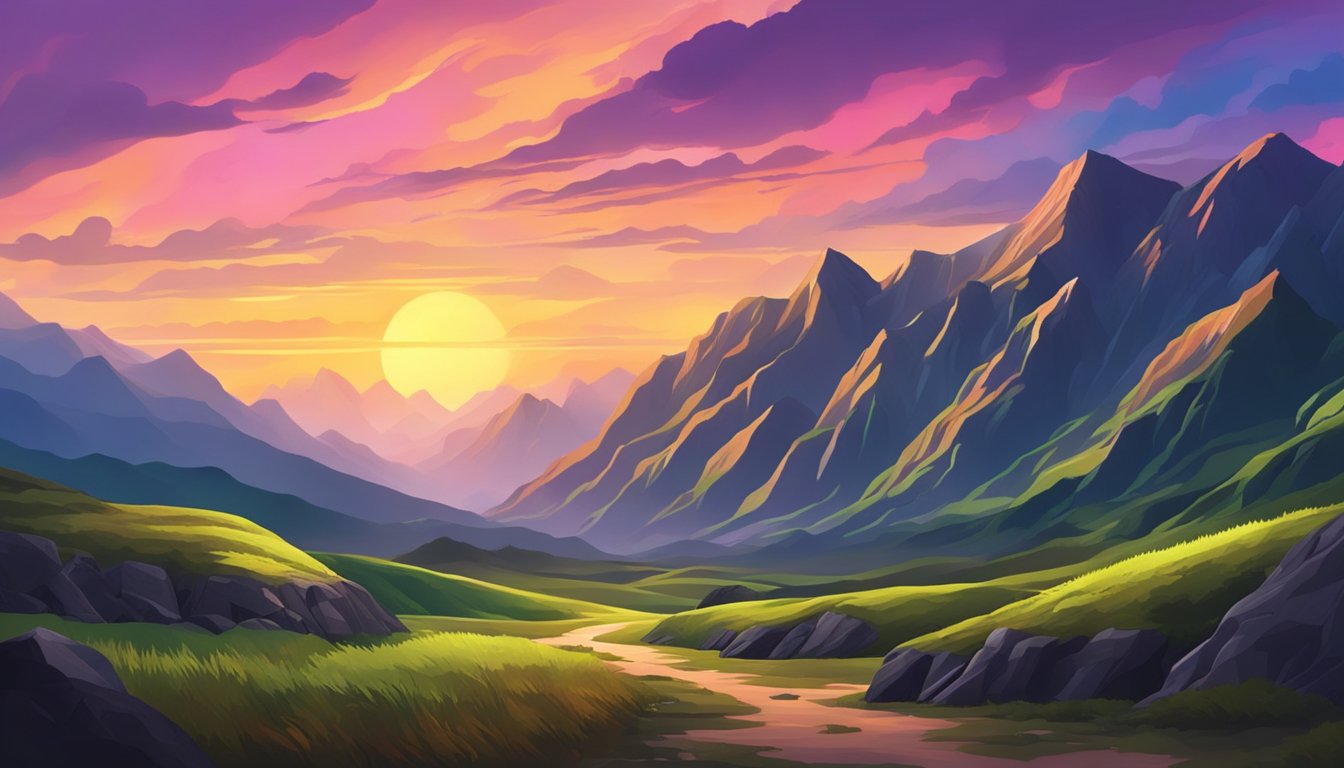 A dramatic landscape of rugged mountains and lush valleys under a colorful sunset sky