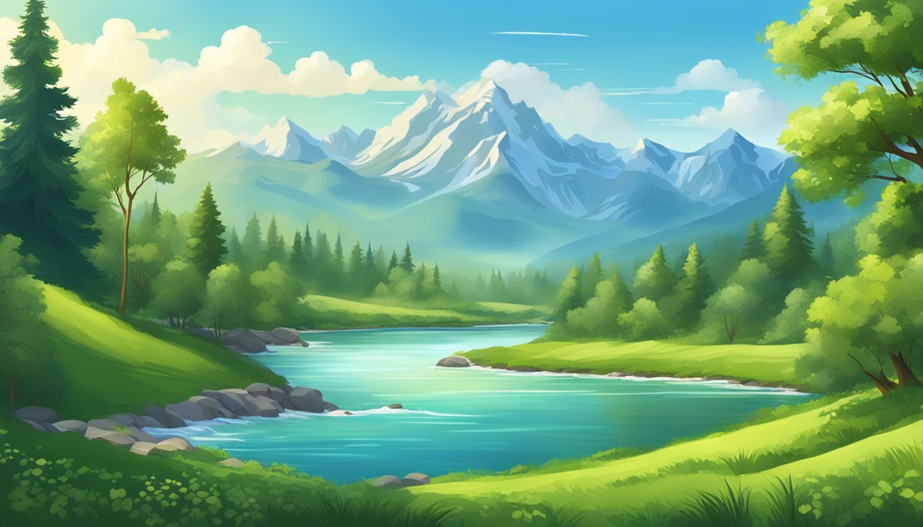 A picturesque landscape with a grand mountain range, a flowing river, and a vast expanse of lush greenery under a clear blue sky