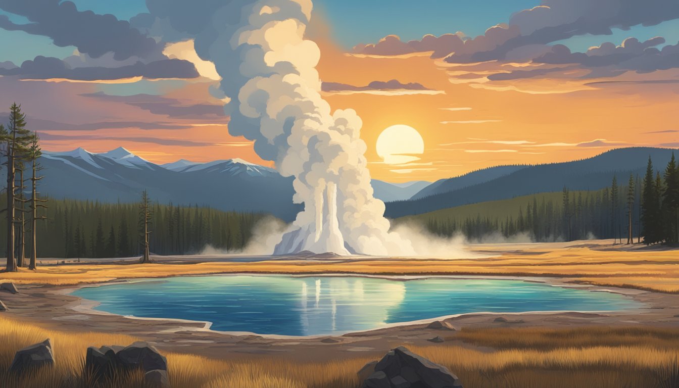 A dramatic landscape of Yellowstone National Park at sunset, with geysers erupting and wildlife roaming