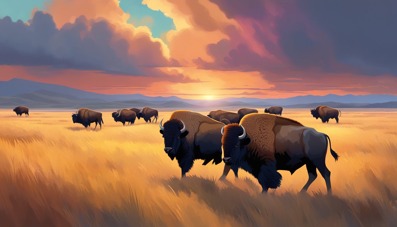 A herd of bison grazing in a vast, open prairie under a dramatic, colorful sky at sunset