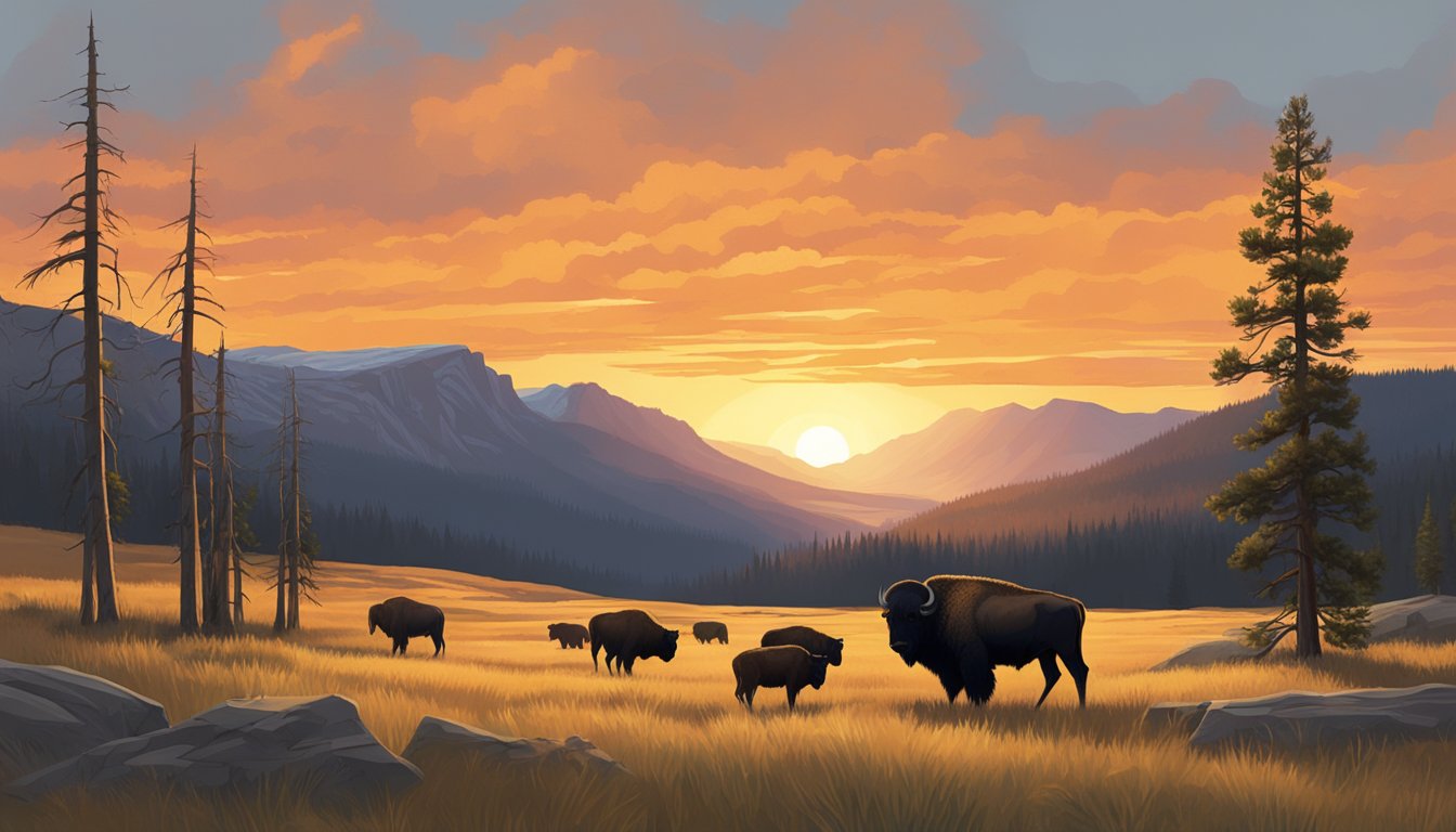 The sun sets behind the rugged mountains, casting a warm glow over the sprawling landscape of Yellowstone National Park. A herd of bison grazes peacefully in the distance, while a lone wolf prowls the edge of the forest