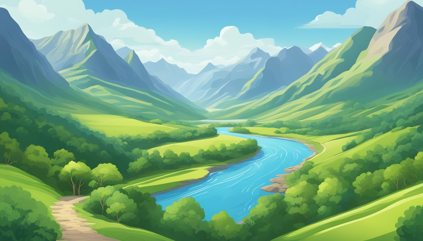 A serene river winds through a lush valley, overlooked by towering mountains and a clear blue sky