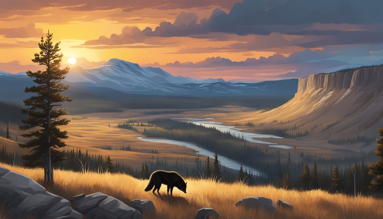 A dramatic sunset over the rugged Yellowstone landscape, with a lone wolf howling in the distance