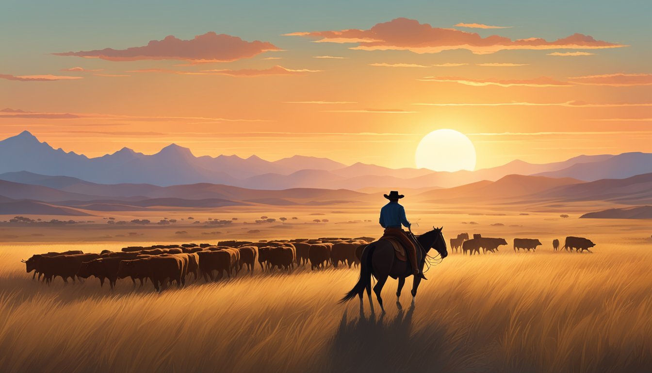 A lone cowboy rides through a vast, open prairie with a herd of cattle in the distance. The sun sets behind the mountains, casting a warm glow over the land