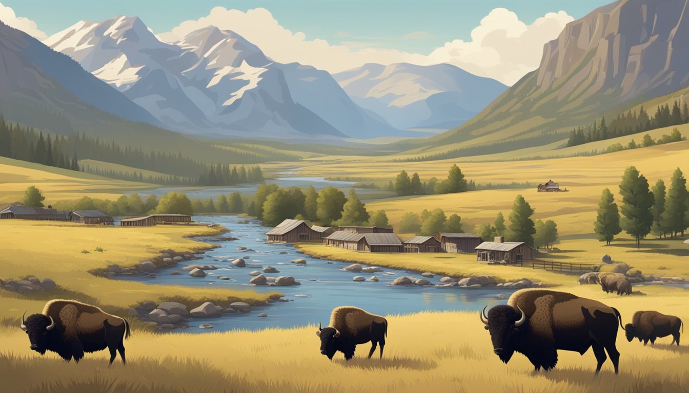 A rugged landscape with a sprawling ranch house and mountains in the background. A winding river cuts through the scene, with a herd of bison grazing in the distance