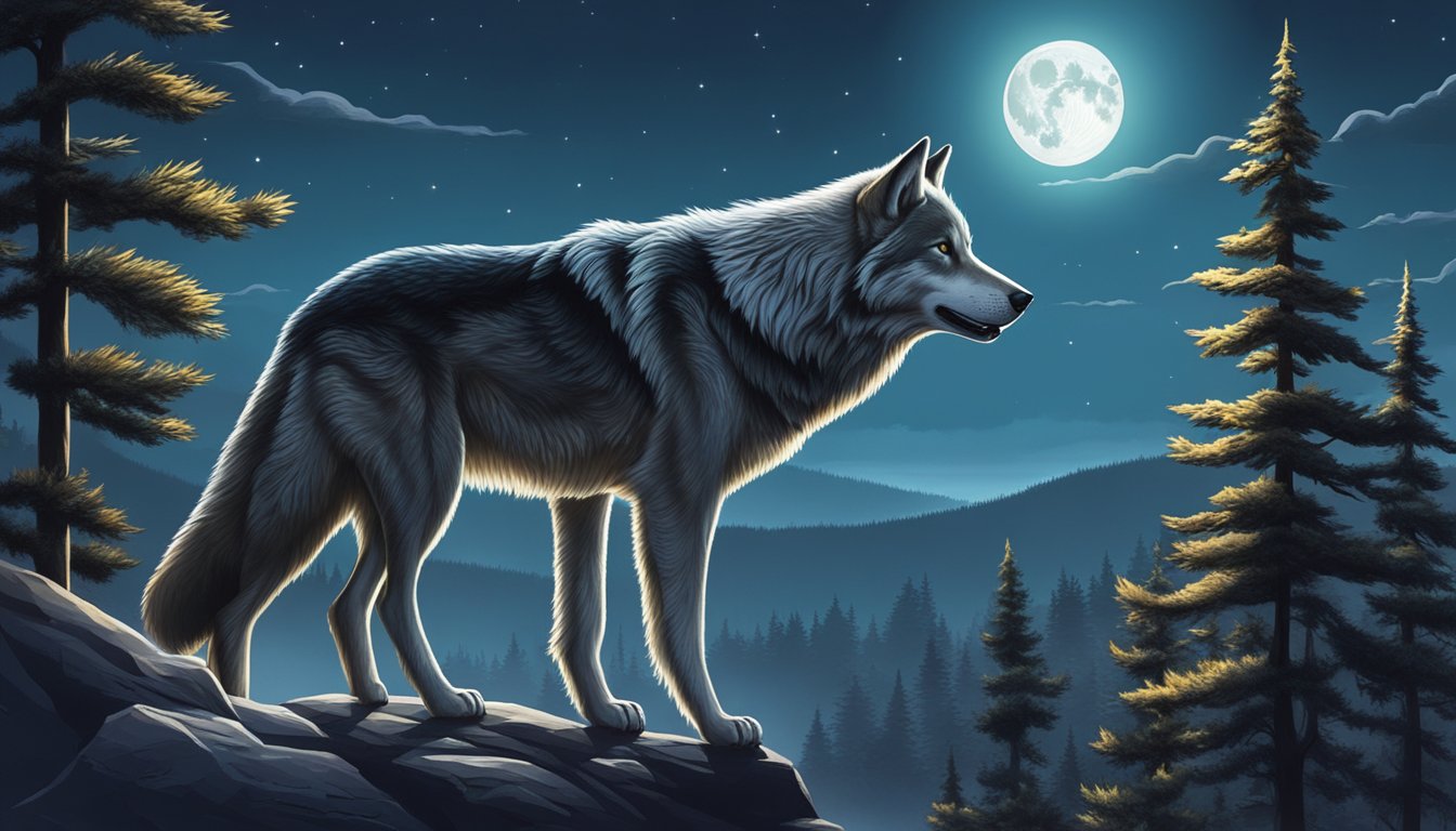 A lone wolf howls under the moonlight in a vast, untamed wilderness