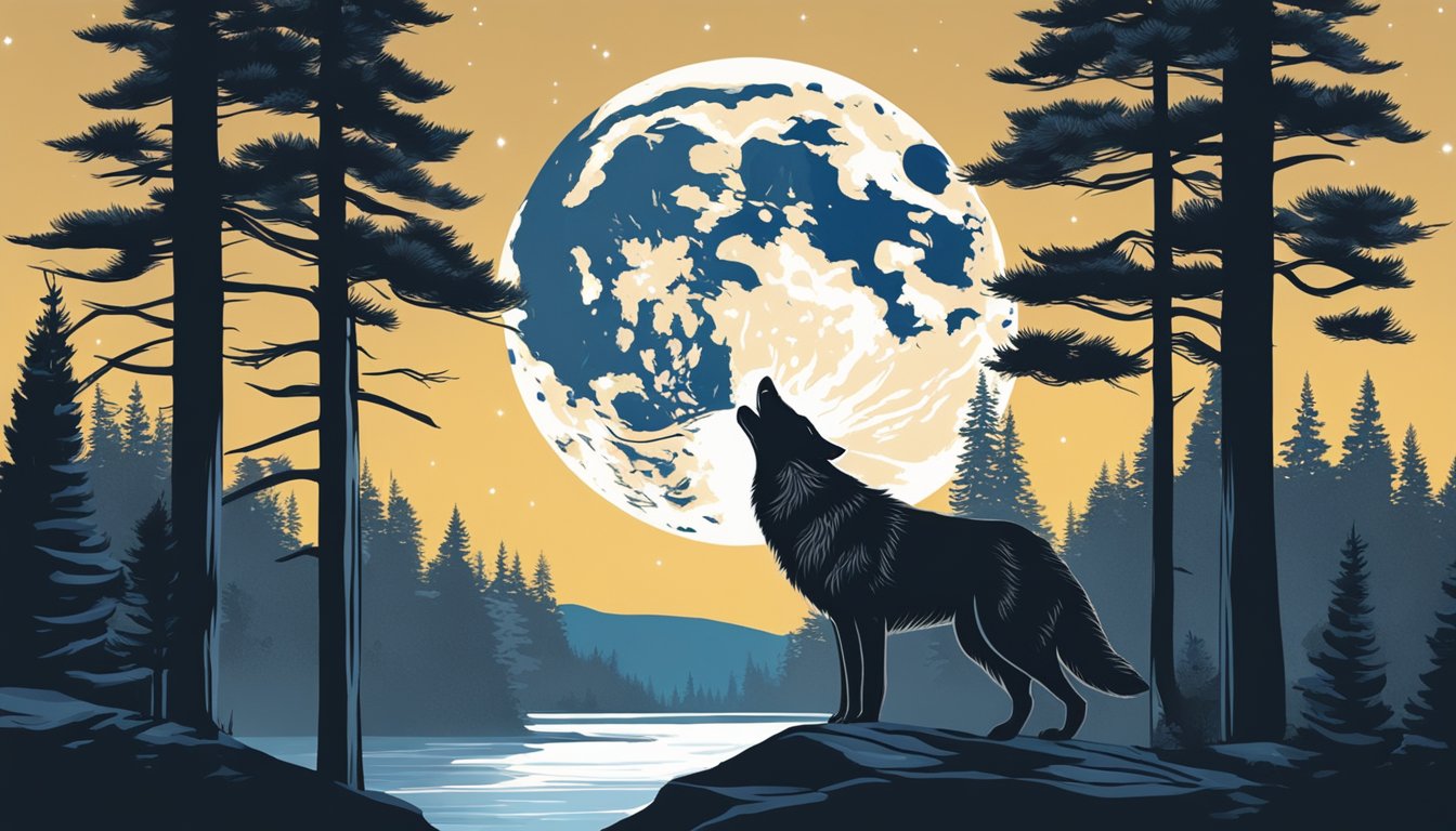 A lone wolf howling at the moon, surrounded by towering pine trees and a flowing river