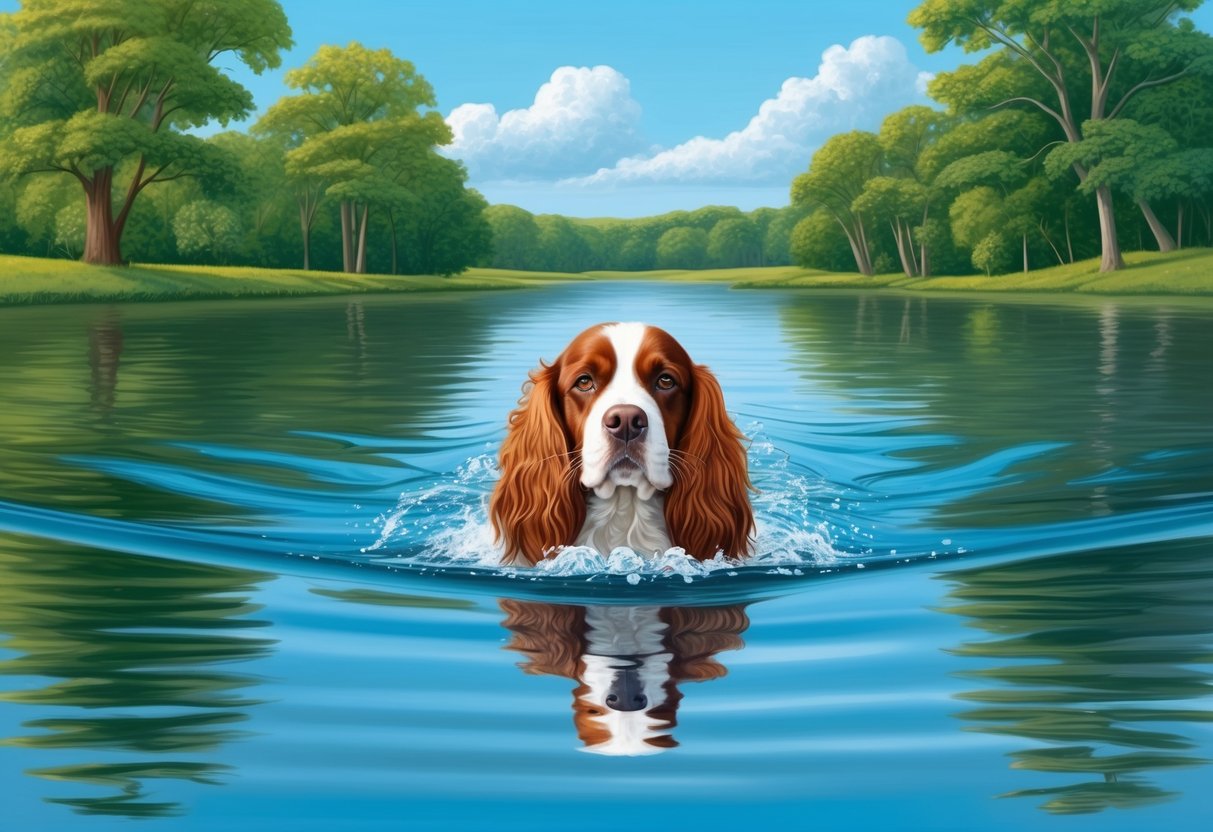 An American Water Spaniel dog swimming in a calm lake surrounded by lush green trees and a clear blue sky