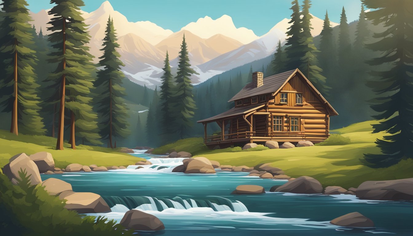 A dramatic landscape with a rustic cabin nestled in the mountains, surrounded by towering pine trees and a rushing river