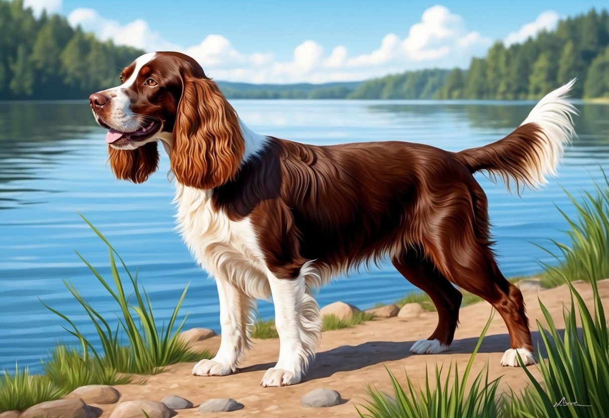 An American Water Spaniel dog standing by a lake, with wavy brown fur, long ears, and a wagging tail