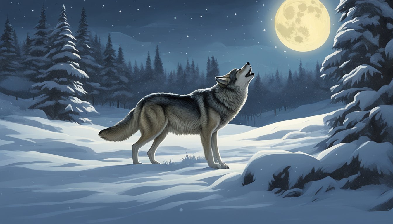 A lone wolf howls under the moonlight in a snowy, forested landscape