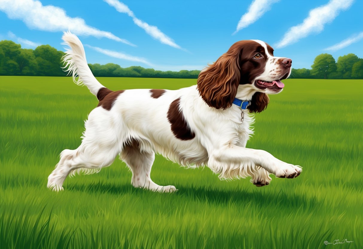 An American Water Spaniel dog playing in a lush green field with a clear blue sky overhead