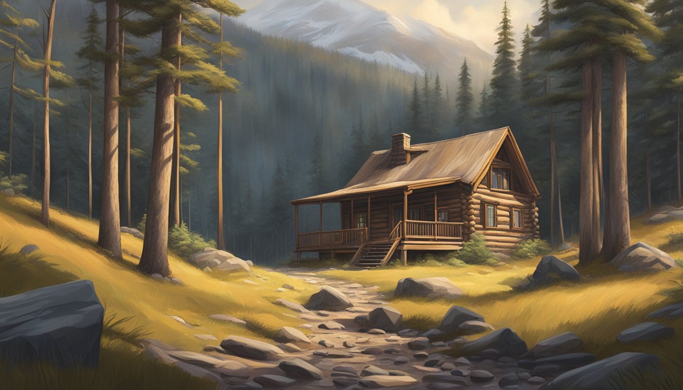 A dramatic showdown at a remote cabin in the wilderness, surrounded by towering pine trees and rugged terrain