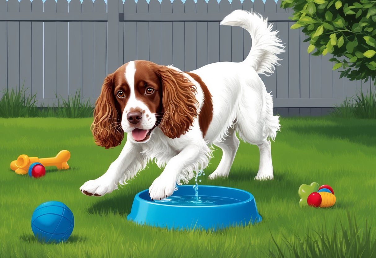 An American Water Spaniel dog playing in a backyard with a water bowl and toys scattered around