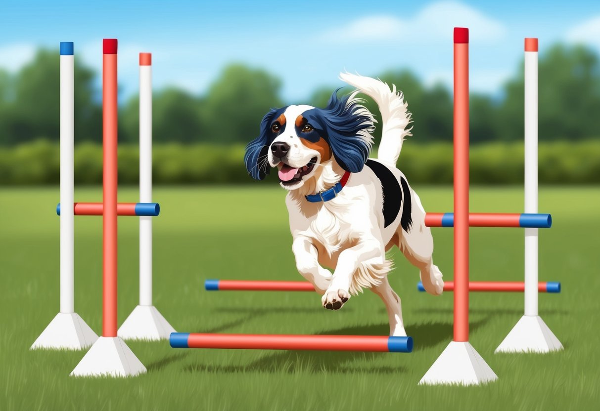 An American Water Spaniel dog running through an agility course, jumping over hurdles and weaving through poles