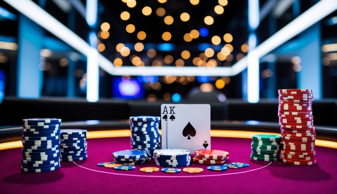 Sebuah meja poker online yang hidup dengan chip dan kartu uang nyata, dikelilingi latar belakang yang ramping dan modern